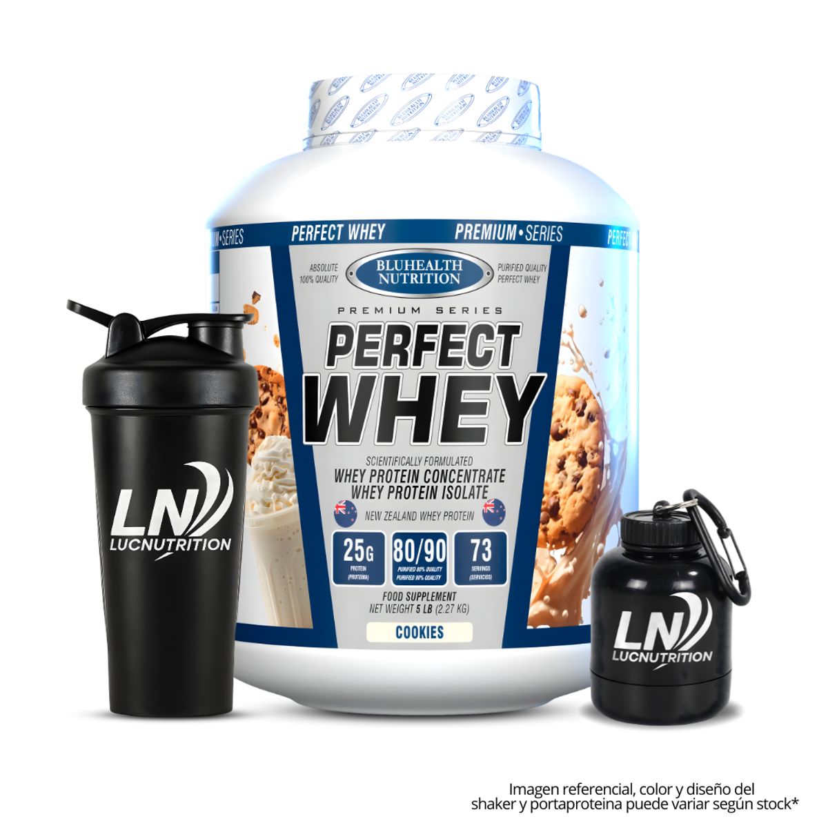 GENERICO - Perfect Whey - Proteina Whey Bluhealth Nutrition 5 LB - Cookie and cream + Shaker + Portaproteina