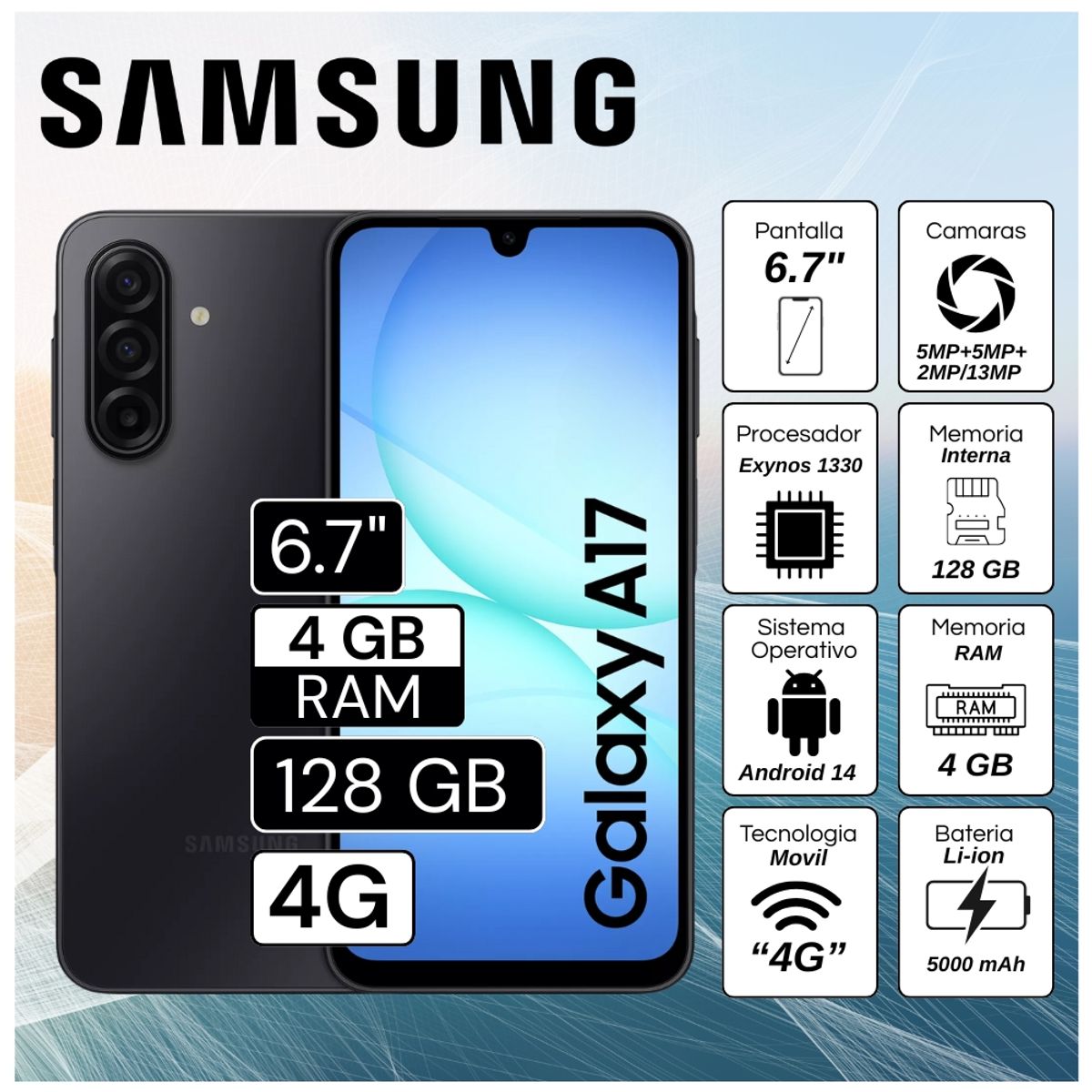 SAMSUNG - Celular Samsung A17 4G 4GB RAM 128GB  6.7"  Pulg. Android 14 - Negro