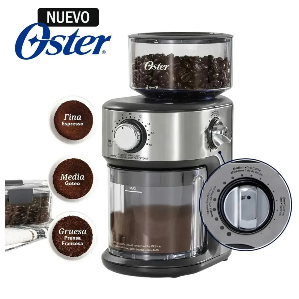 OSTER - Moledora de granos de café Oster BVSTBMH24_053 18 Ajustes de GROSOR