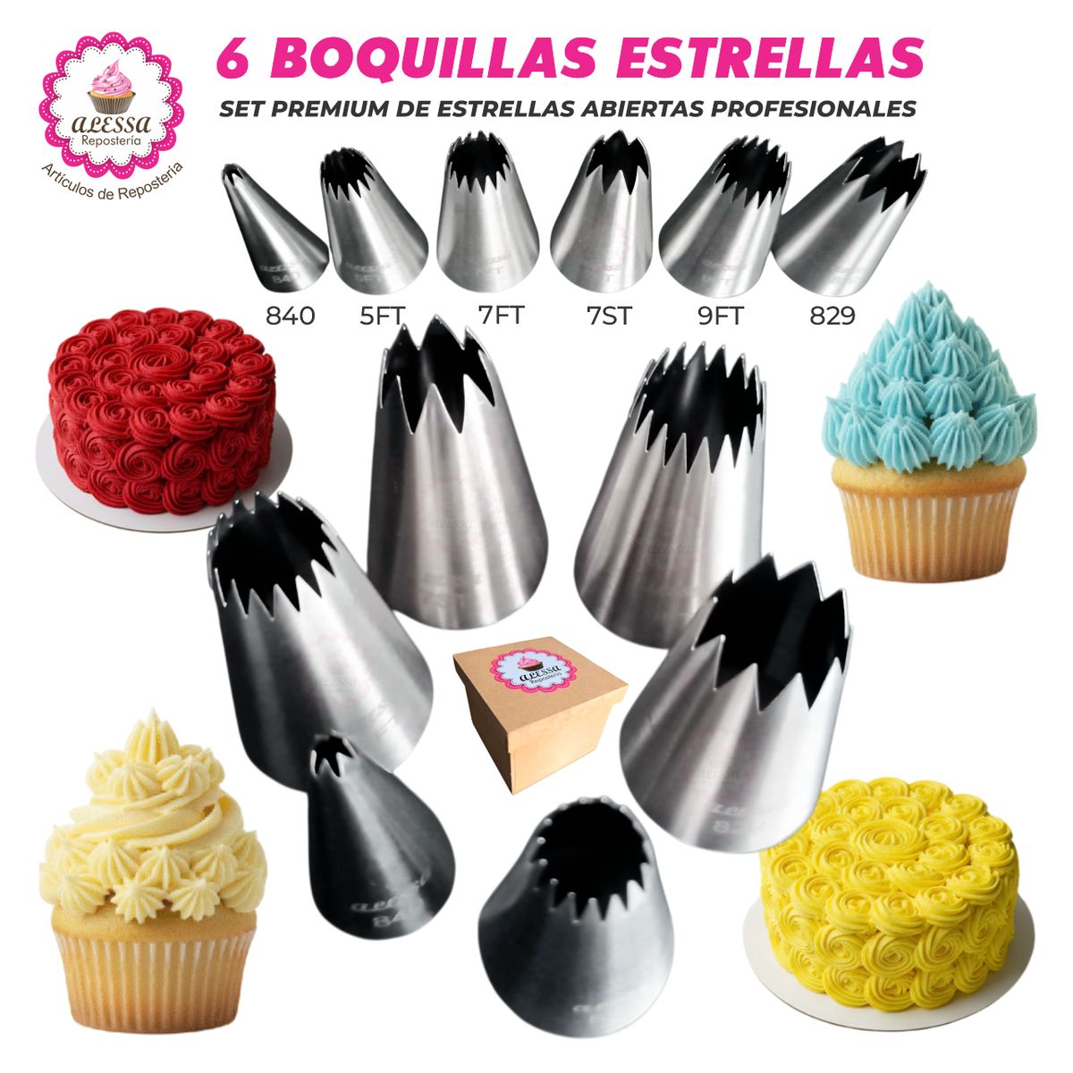 GENERICO - Set Premium de 6 Boquillas Estrella Abiertas Profesionales para Repostería