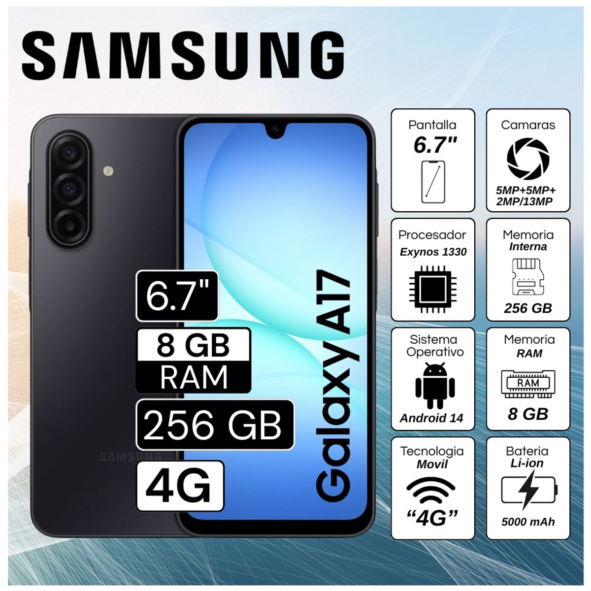SAMSUNG - Celular Samsung A17 4G 8GB RAM 256GB  6.7"  Pulg. Android 14 - Negro