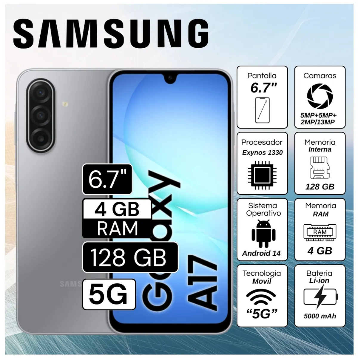 SAMSUNG - Celular Samsung A17 5G 4GB RAM 128GB  6.7"  Pulg. Android 14 - Gris