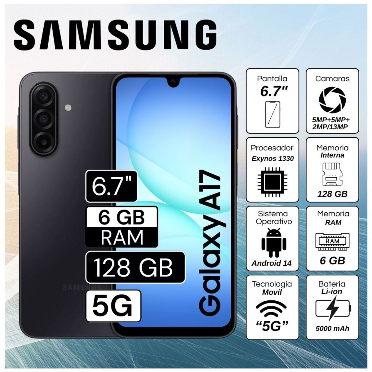 SAMSUNG - Celular Samsung A17 5G 6GB RAM 128GB  6.7"  Pulg. Android 14 - Negro