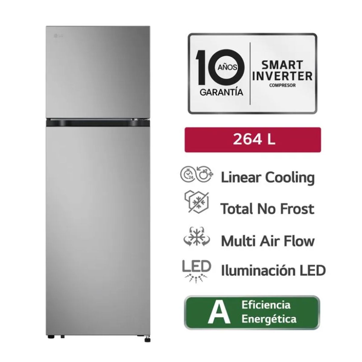LG - Refrigeradora LG Top Freezer 264 LT LinearCooling Multi-Air Flow VT26BPY Plateada