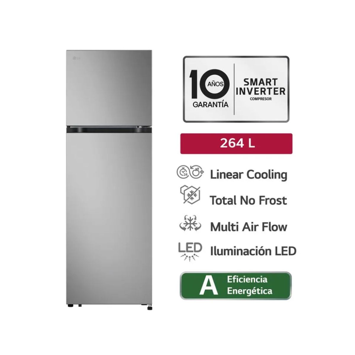 LG - Refrigeradora LG Top Freezer 264 LT LinearCooling Multi-Air Flow VT26BPY Plateada
