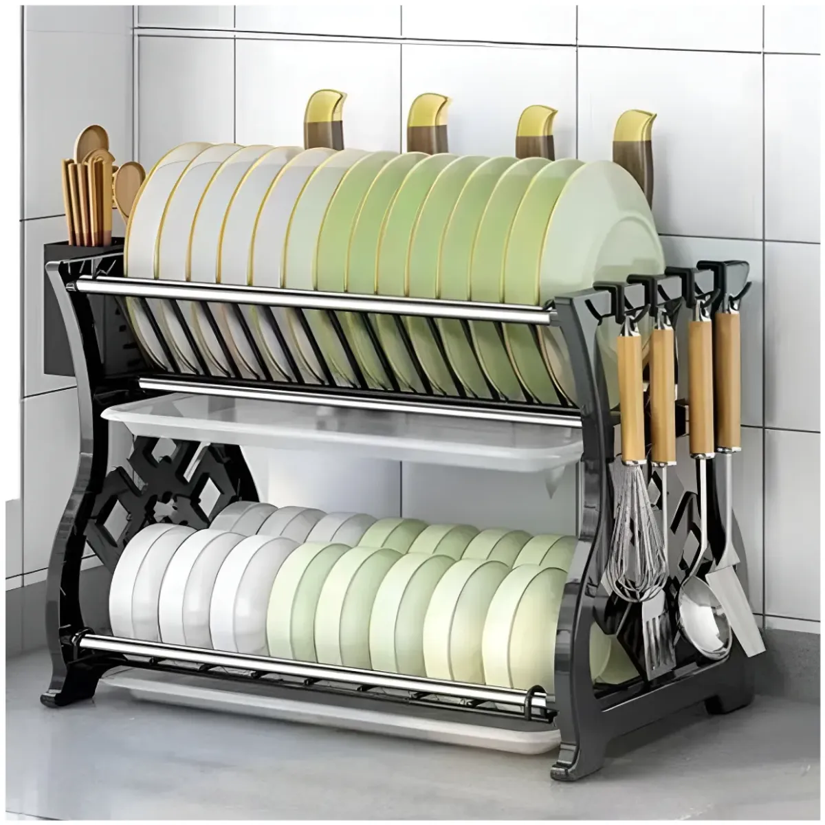 INSPIRA MARKET - Escurridor de Platos de 2 Niveles con Porta Cubiertos y Ganchos Laterales