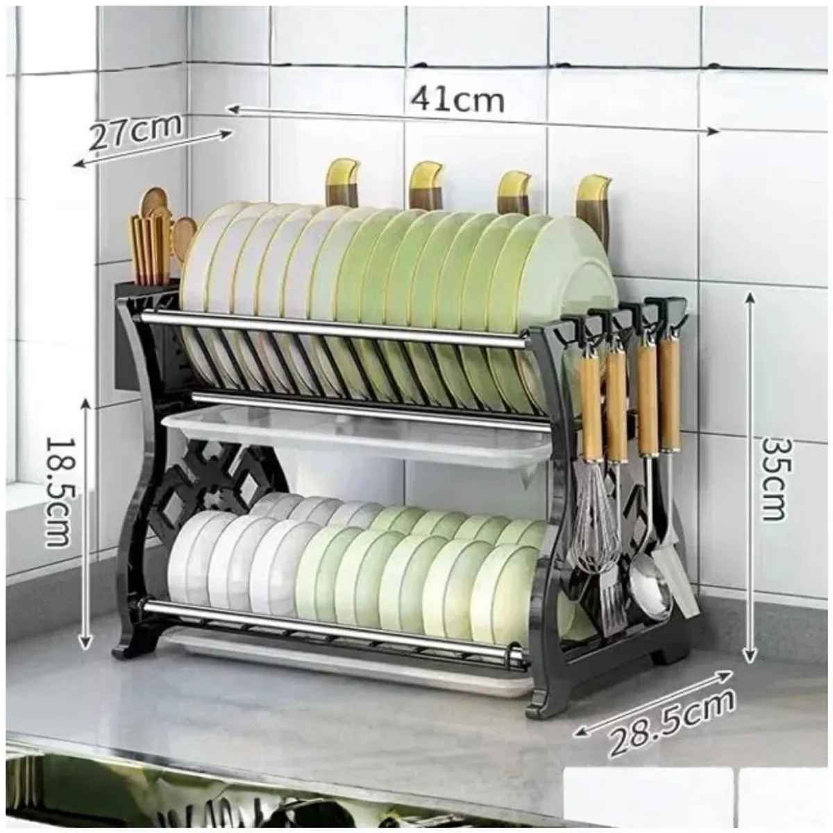 INSPIRA MARKET - Escurridor de Platos de 2 Niveles con Porta Cubiertos y Ganchos Laterales
