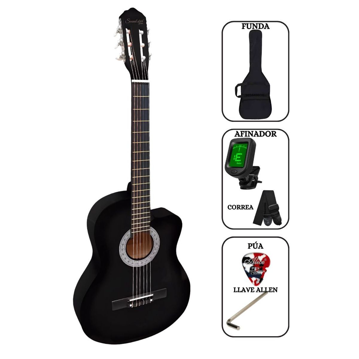 SOUND STAR - Guitarra Acústica Negro 39″ nylon con funda Afinador Correa pua