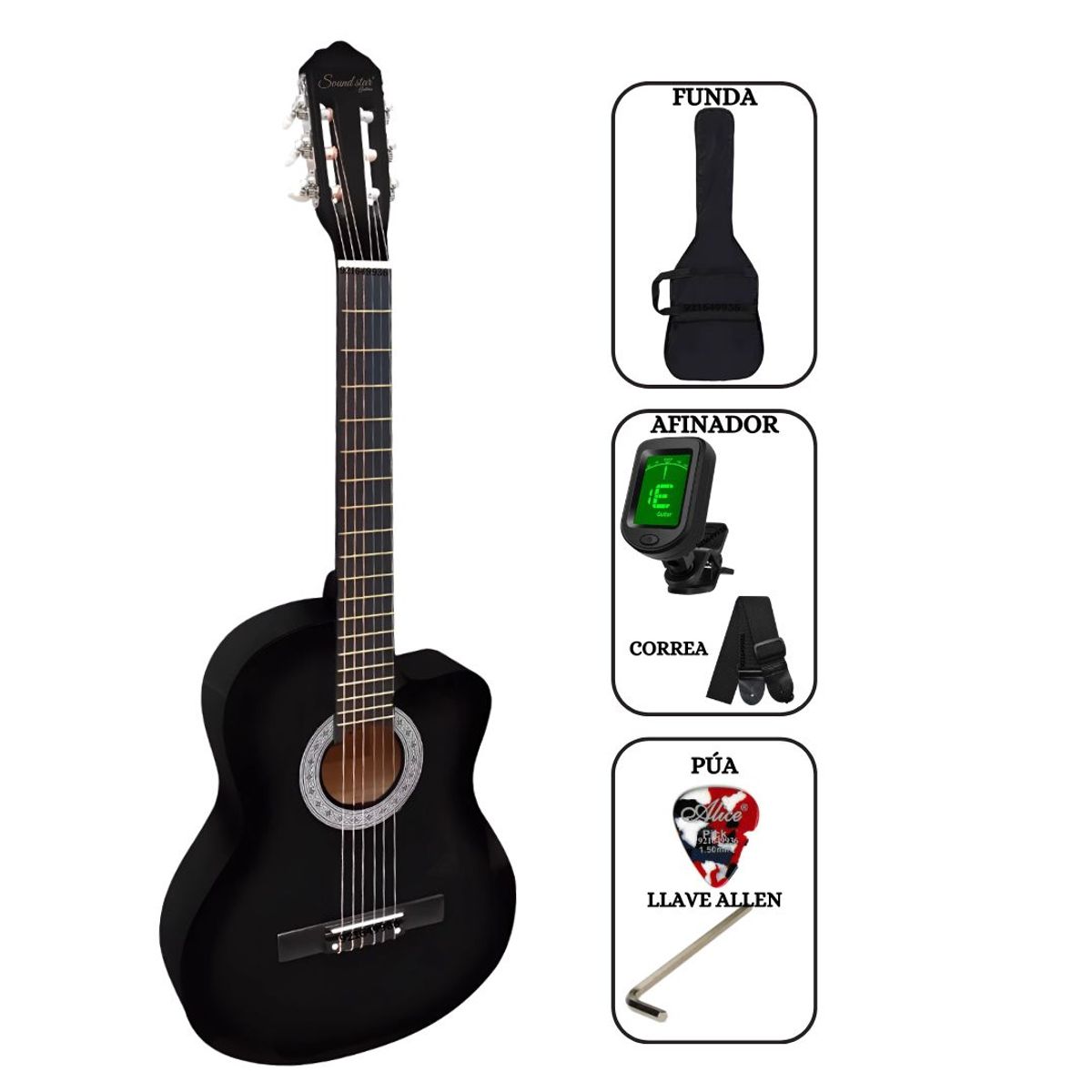 SOUND STAR - Guitarra Acústica Negro 39″ nylon con funda Afinador Correa pua