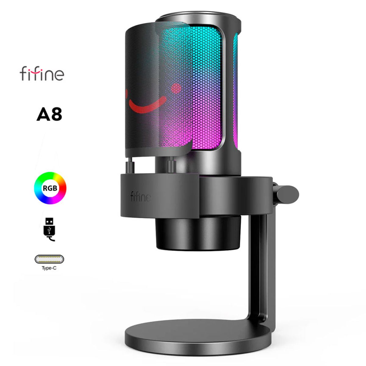 FIFINE - Micrófono Gamer Fifine A8 Black Condensador USB RGB Mute y Monitoreo
