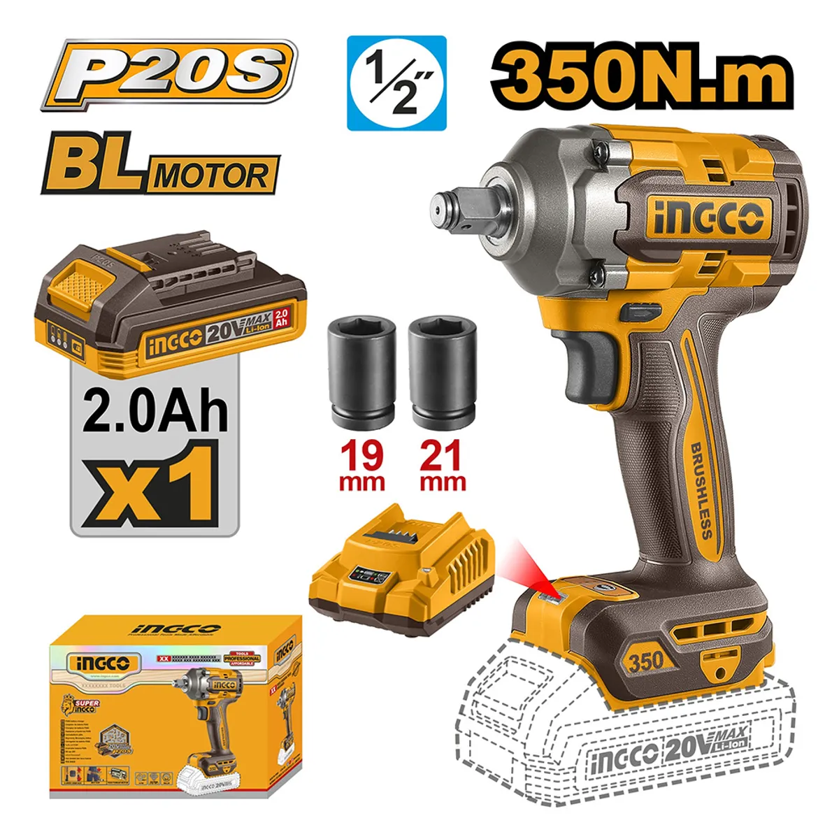 INGCO TOOLS - LLAVE DE IMPACTO BRUSHLESS INGCO 20V 350NM + BATERÍA 20AH + CARGADOR CIWLI20351