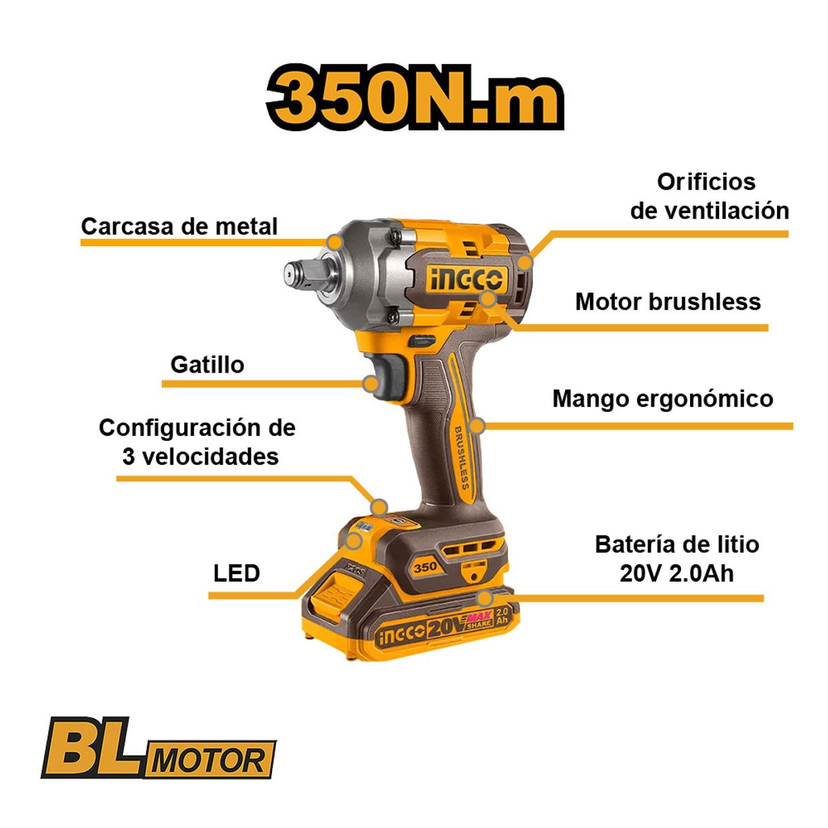 INGCO TOOLS - LLAVE DE IMPACTO BRUSHLESS INGCO 20V 350NM + BATERÍA 20AH + CARGADOR CIWLI20351