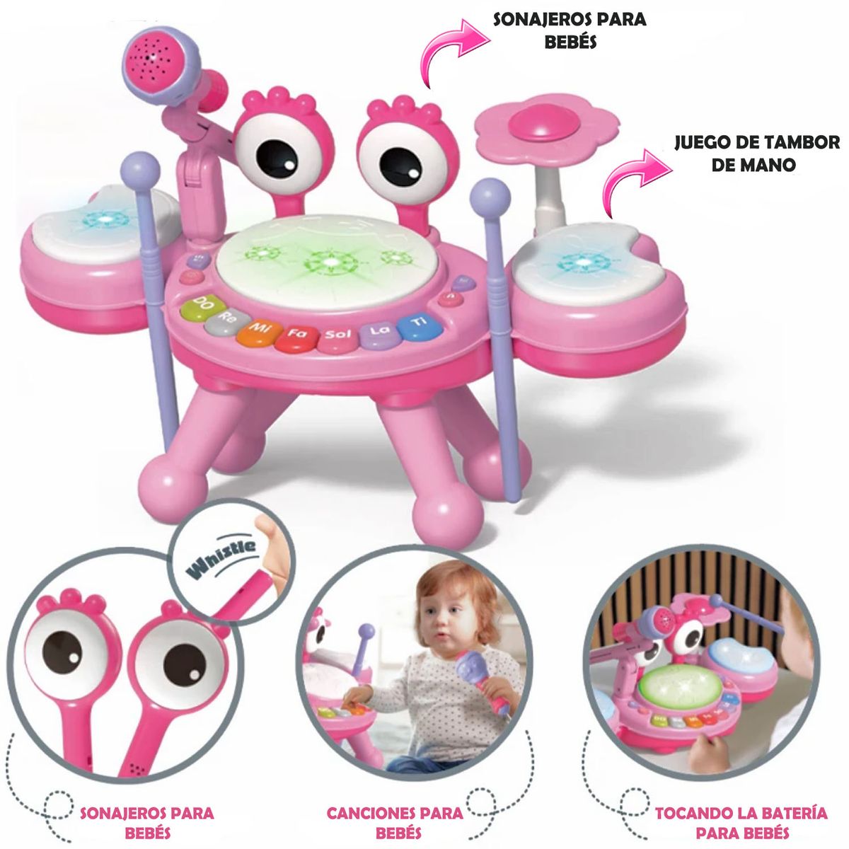 GENERICO - Juguete Sonajero Cangrejo 3 en 1 Tambor  Piano y Silbato Pink