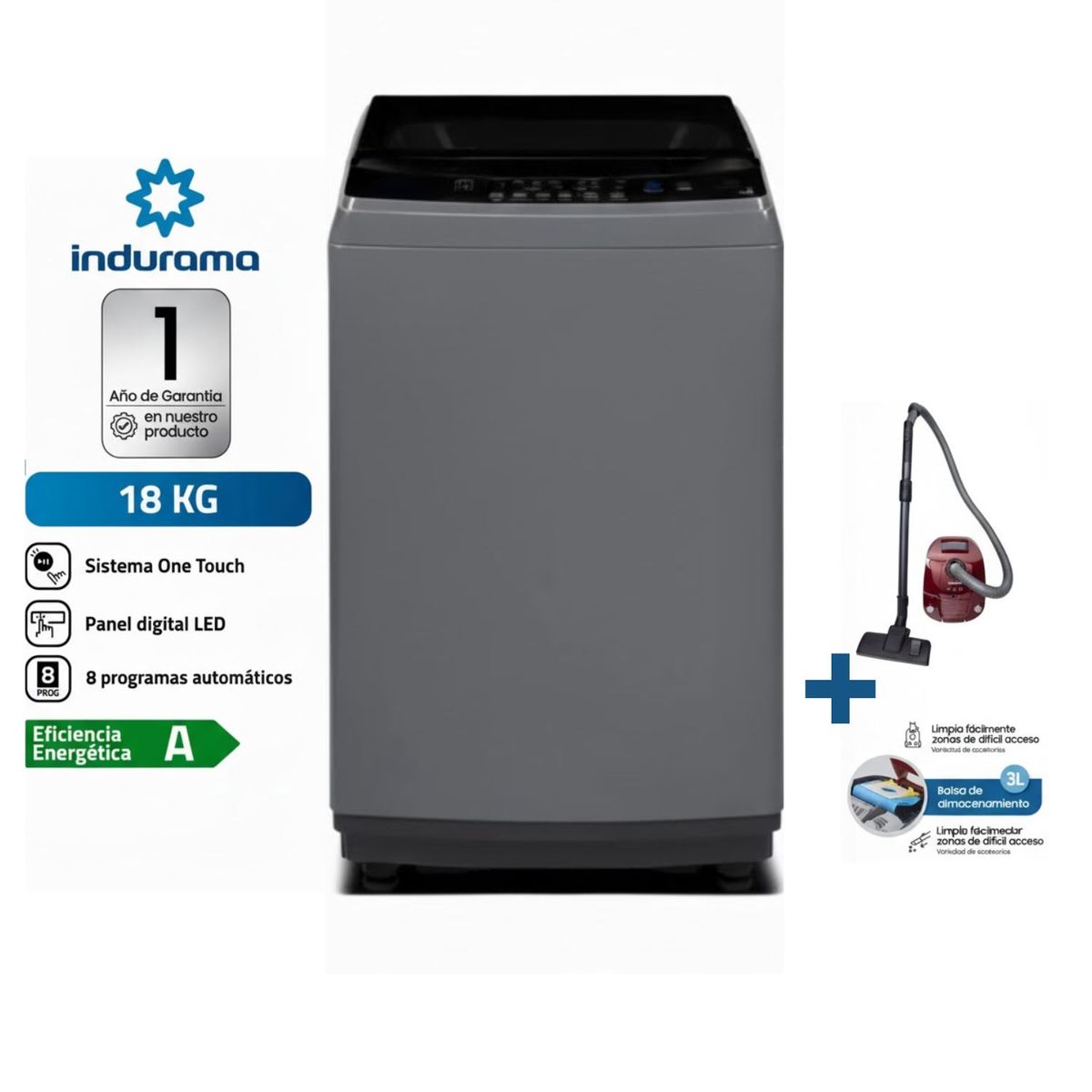 INDURAMA - Lavadora Carga Superior 18kg Gris Lri-18dgr + Aspiradora Samsung VCC4190V3KXZS 2000W