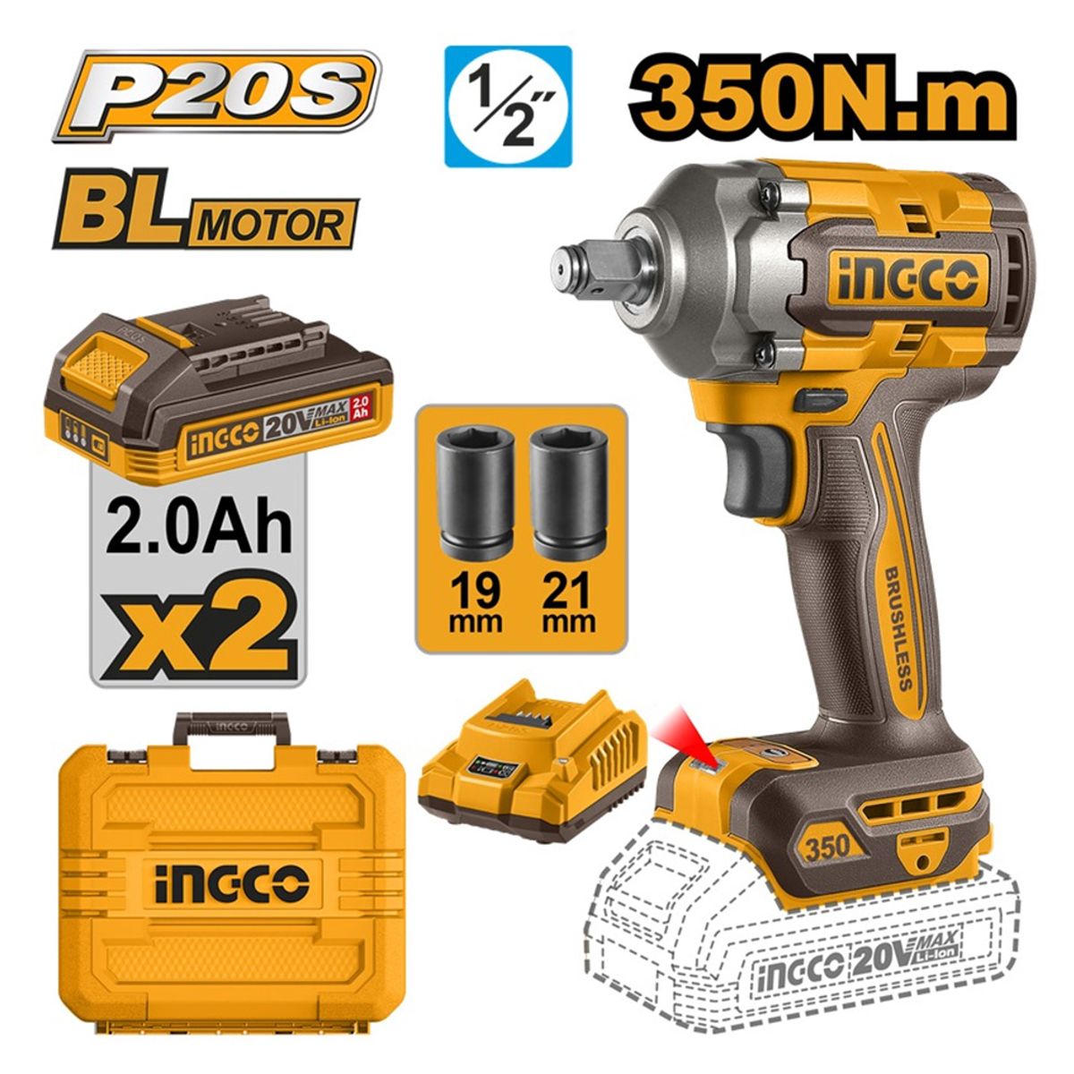 INGCO TOOLS - LLAVE DE IMPACTO BRUSHLESS INGCO 20V 350NM + 2 BATERÍAS 2.0AH + CARGADOR CIWLI2035