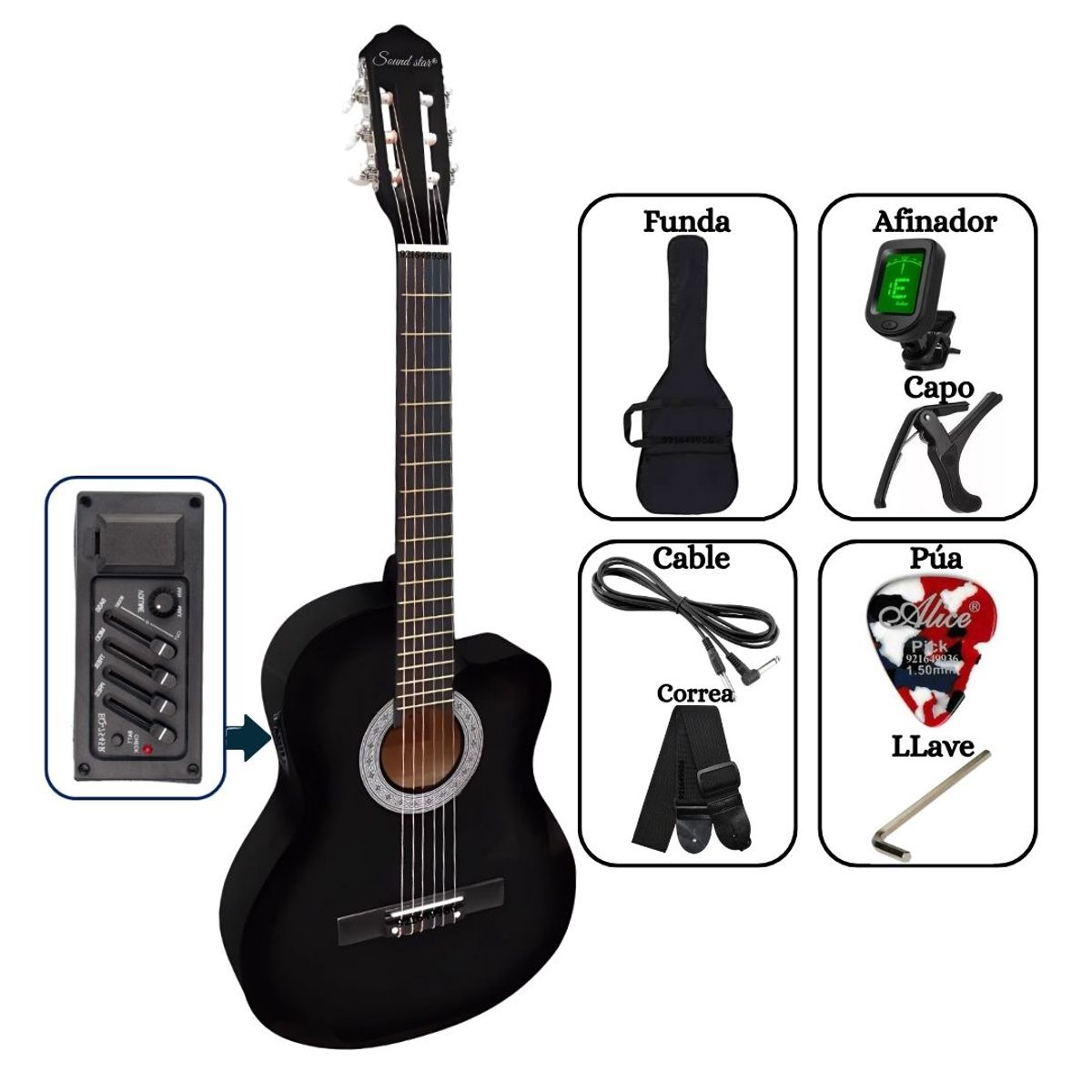SOUND STAR - Guitarra ELECTROACUSTICA Negro 39″ nylon con accesorios