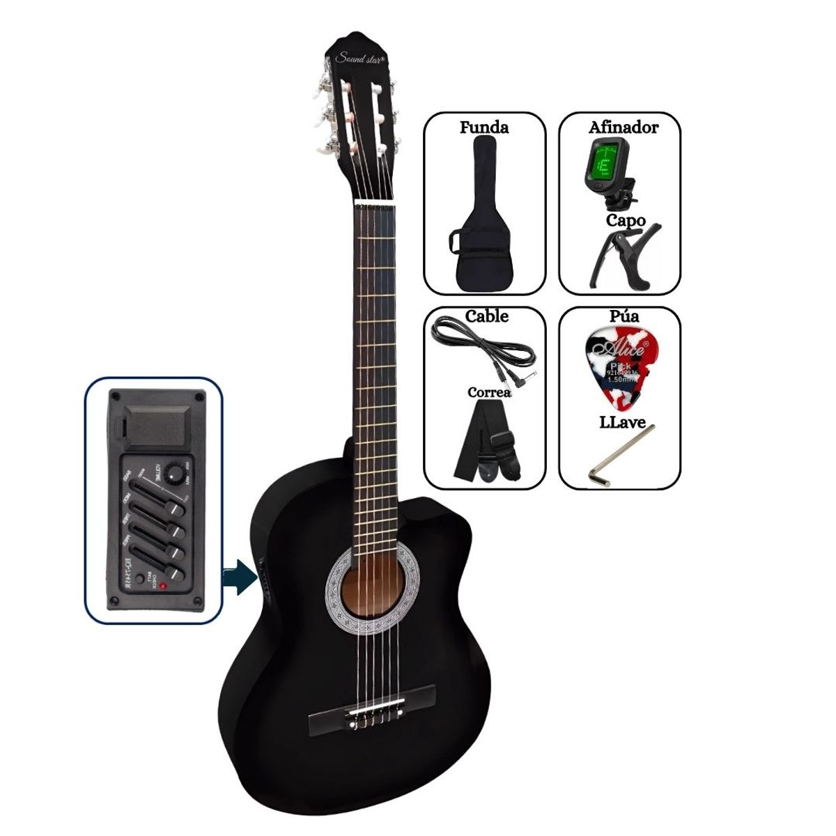 SOUND STAR - Guitarra ELECTROACUSTICA Negro 39″ nylon con accesorios