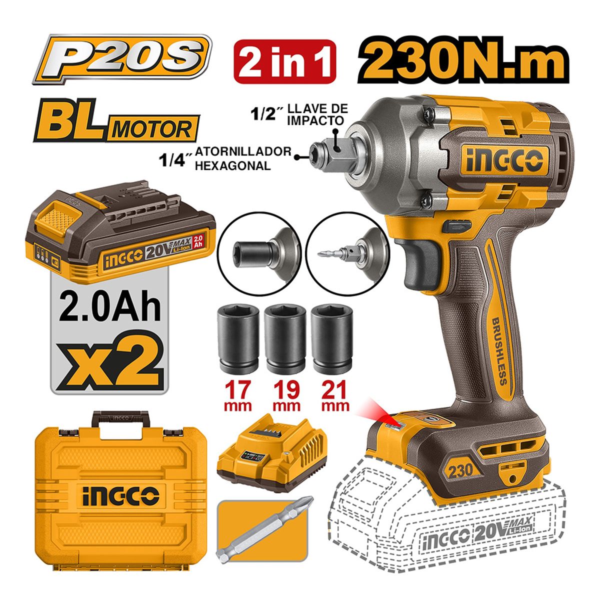 INGCO TOOLS - LLAVE Y ATORNILLADOR DE IMPACTO INGCO 20V 230NM + 2 BATERÍAS 2.0AH + CARGADOR CIWLI20236