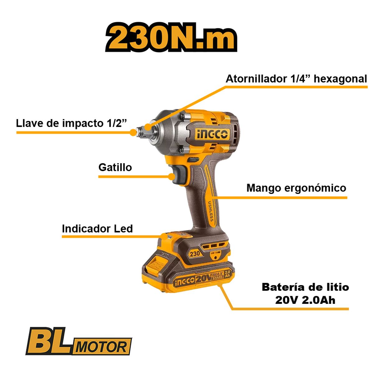 INGCO TOOLS - LLAVE Y ATORNILLADOR DE IMPACTO INGCO 20V 230NM + 2 BATERÍAS 2.0AH + CARGADOR CIWLI20236