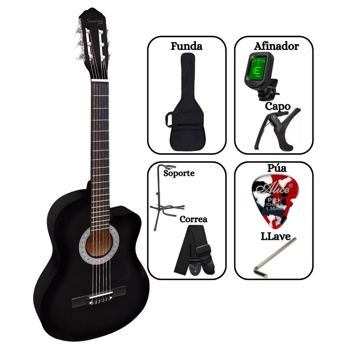 SOUND STAR - Pack Guitarra Acústica NEGRO 39″ nylon incluido accesorios