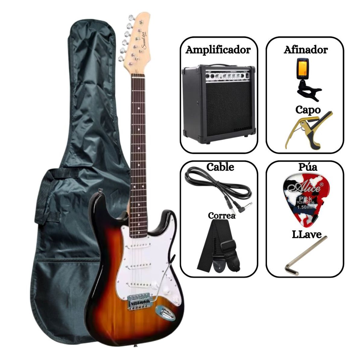 SOUND STAR - PACK Guitarra Eléctrica Sunburst con Amplificador Funda Afinador Cable y Accesorios