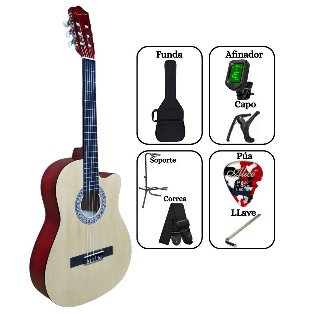 SOUND STAR - Pack Guitarra Acústica Natural 39″ nylon incluido accesorios