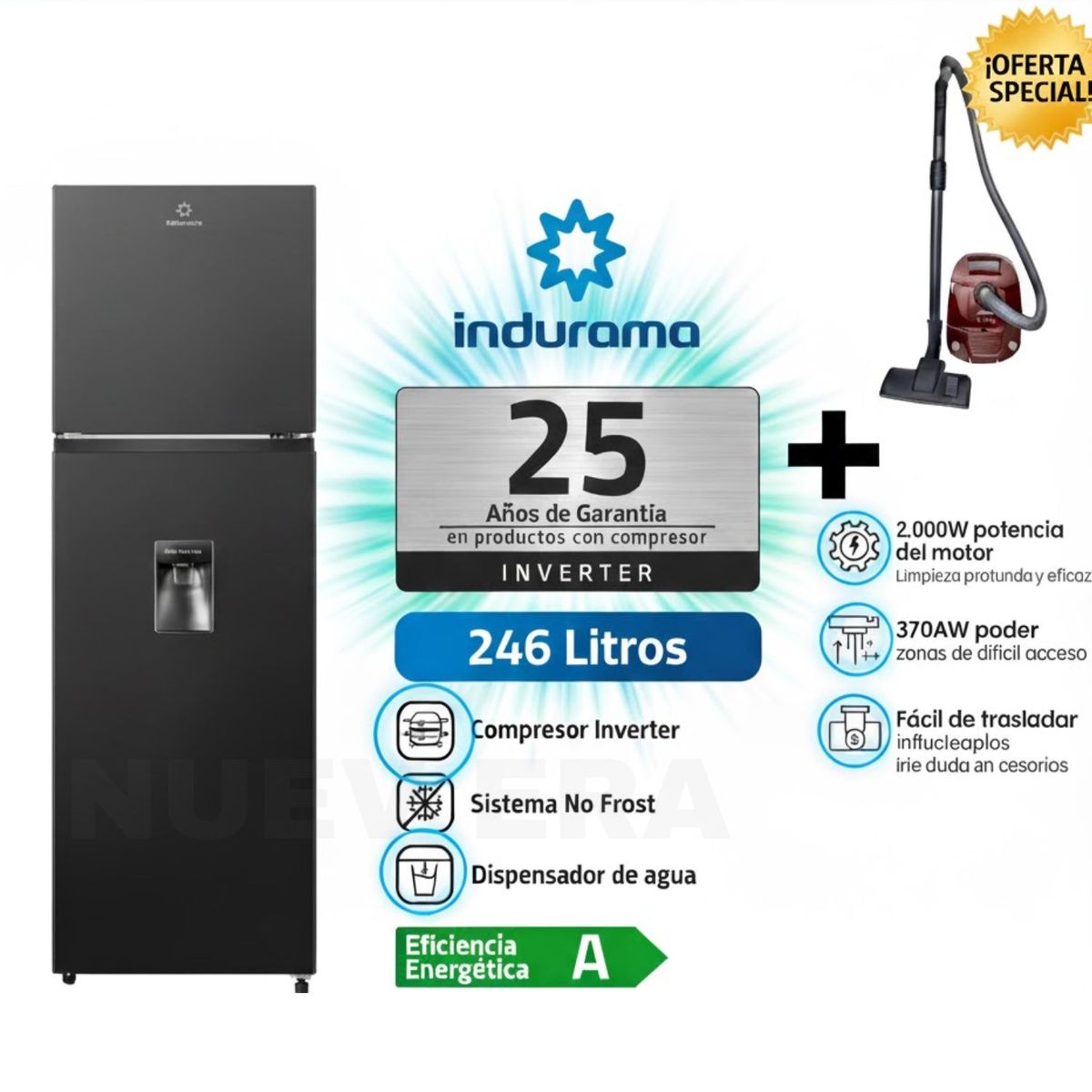 INDURAMA - REFRIGERADORA INDURAMA RI-389DNI 246L NEGRO + ASPIRADORA SAMSUNG VCC4190V3KXZS 2000W
