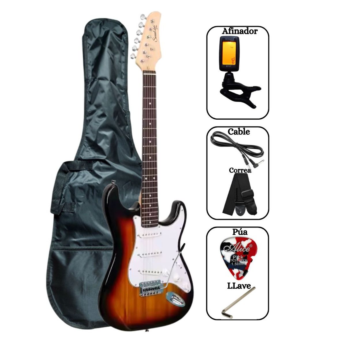 SOUND STAR - Guitarra Eléctrica Sunburst con Funda Afinador Correa Cable y con Accesorios