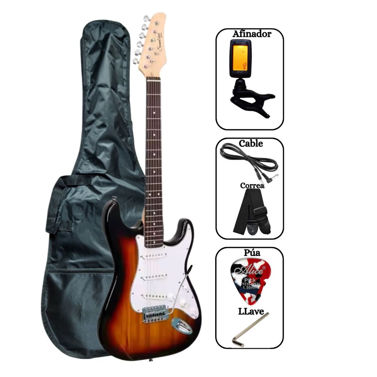 SOUND STAR - Guitarra Eléctrica Sunburst con Funda Afinador Correa Cable y con Accesorios
