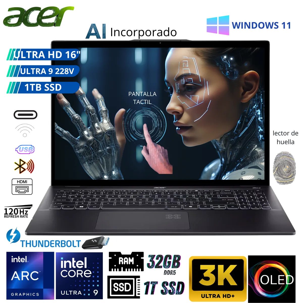 ACER - Laptop Acer Ultra 9 288V - Laptop Profesional con IA • OLED 16” • 32GB + 1TB.