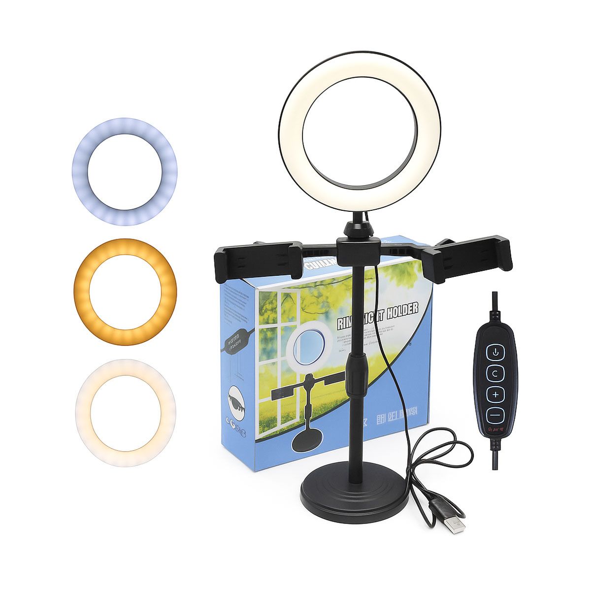 GENERICO - Aro de Luz 16 cm Ring Light con Doble Soporte para Celulares Ideal para Streaming y TikTok