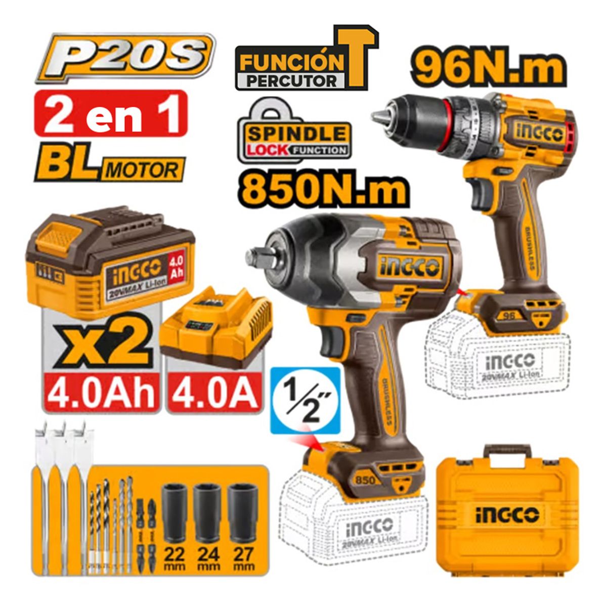 INGCO TOOLS - KIT TALADRO PERCUTOR BRUSHLESS INGCO 20V 96NM + LLAVE DE IMPACTO BRUSHLESS 20V 850NM COSLI250586