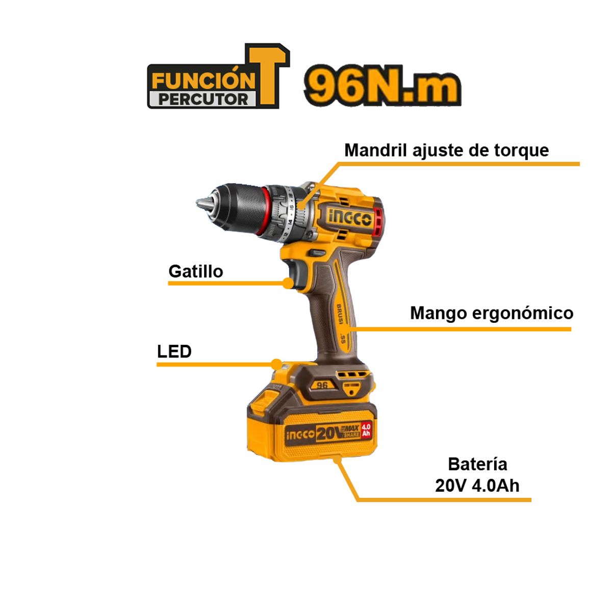 INGCO TOOLS - KIT TALADRO PERCUTOR BRUSHLESS INGCO 20V 96NM + LLAVE DE IMPACTO BRUSHLESS 20V 850NM COSLI250586