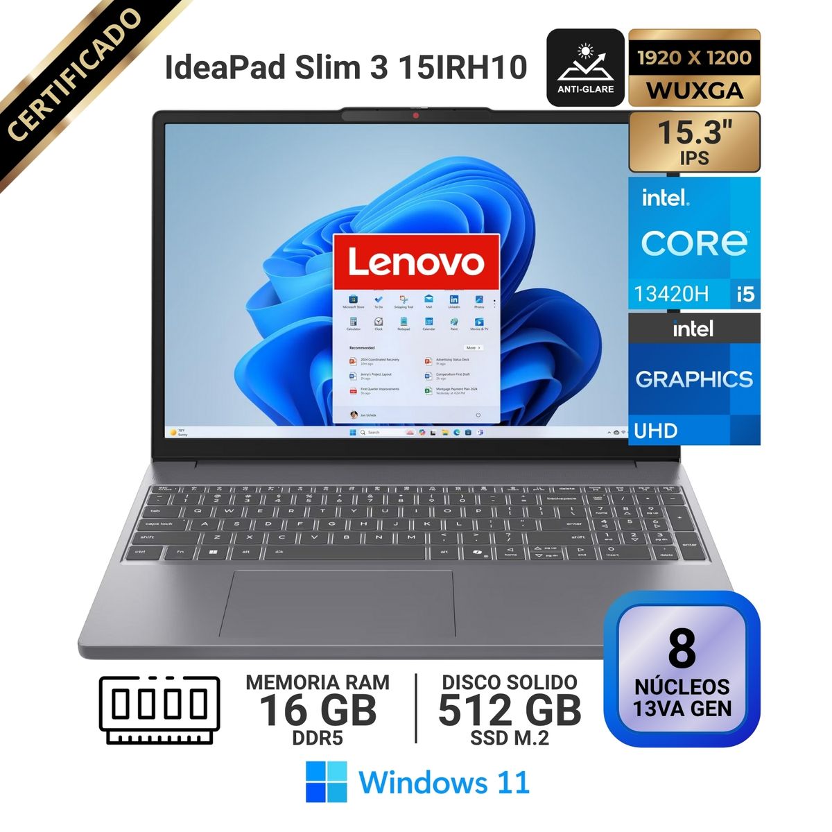 LENOVO - Laptop Lenovo IdeaPad Slim 3 15IRH10 15.3" WUXGA IPS, Core i5 13420H, RAM 16GB, SSD 512GB, Win 11
