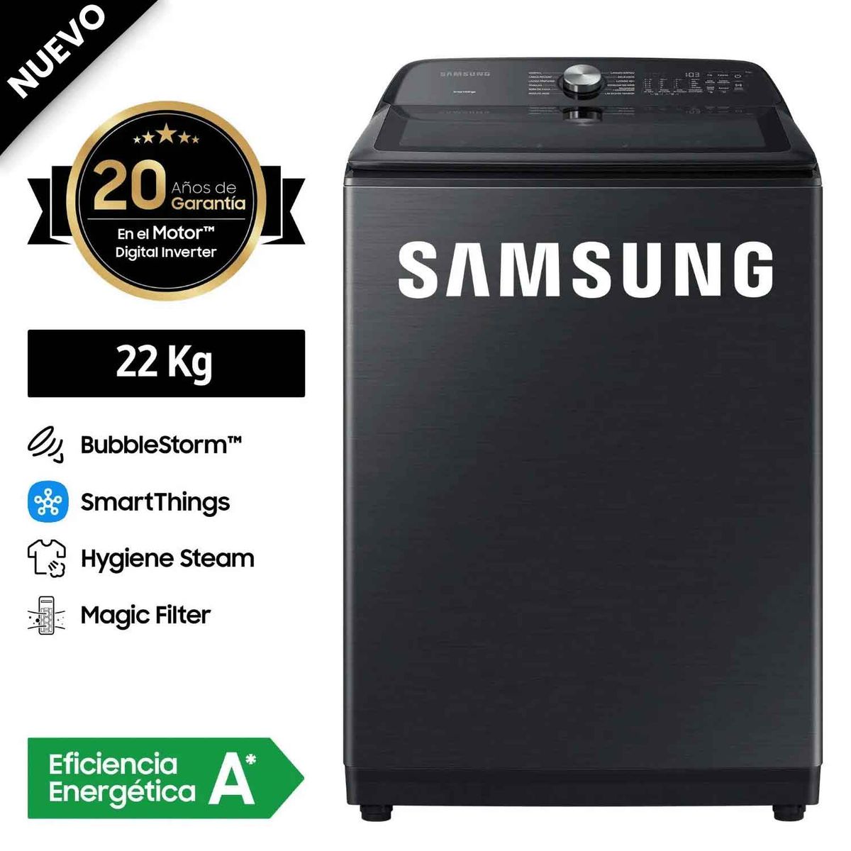 SAMSUNG - Lavadora Samsung 22Kg Carga Superior WA22A8377GVPE Bubble Smart