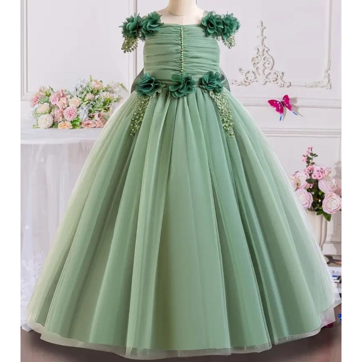 GENERICO - Vestido Niña Princesa Verde Olivo Talla 14