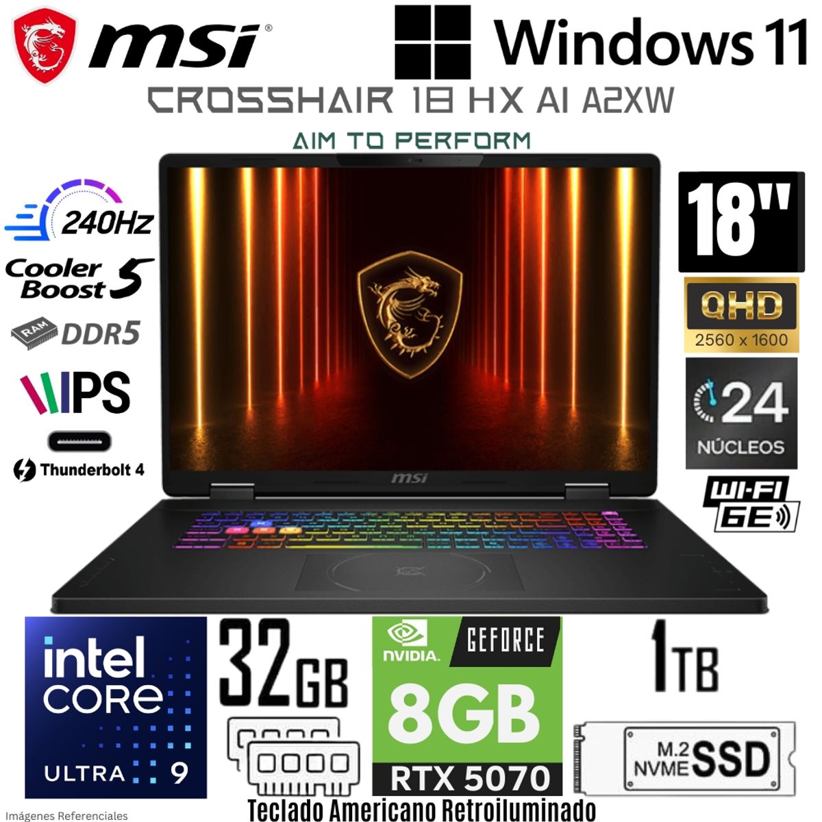MSI - Laptop MSI Crosshair 18 HX AI Intel Core Ultra 9 275HX 32GB RAM 1TB SSD RTX 5070-8GB 18"  QHD 240Hz