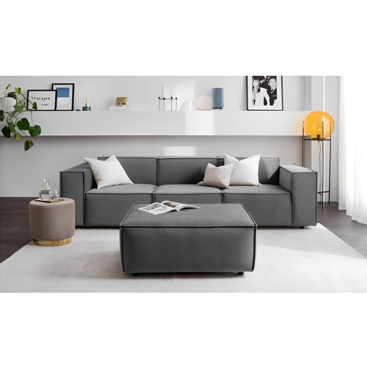 GENERICO - SECCIONAL MIA 3 CUERPOS + 1 BANQUETA  GRIS oscuro + 3 cojines de regalo