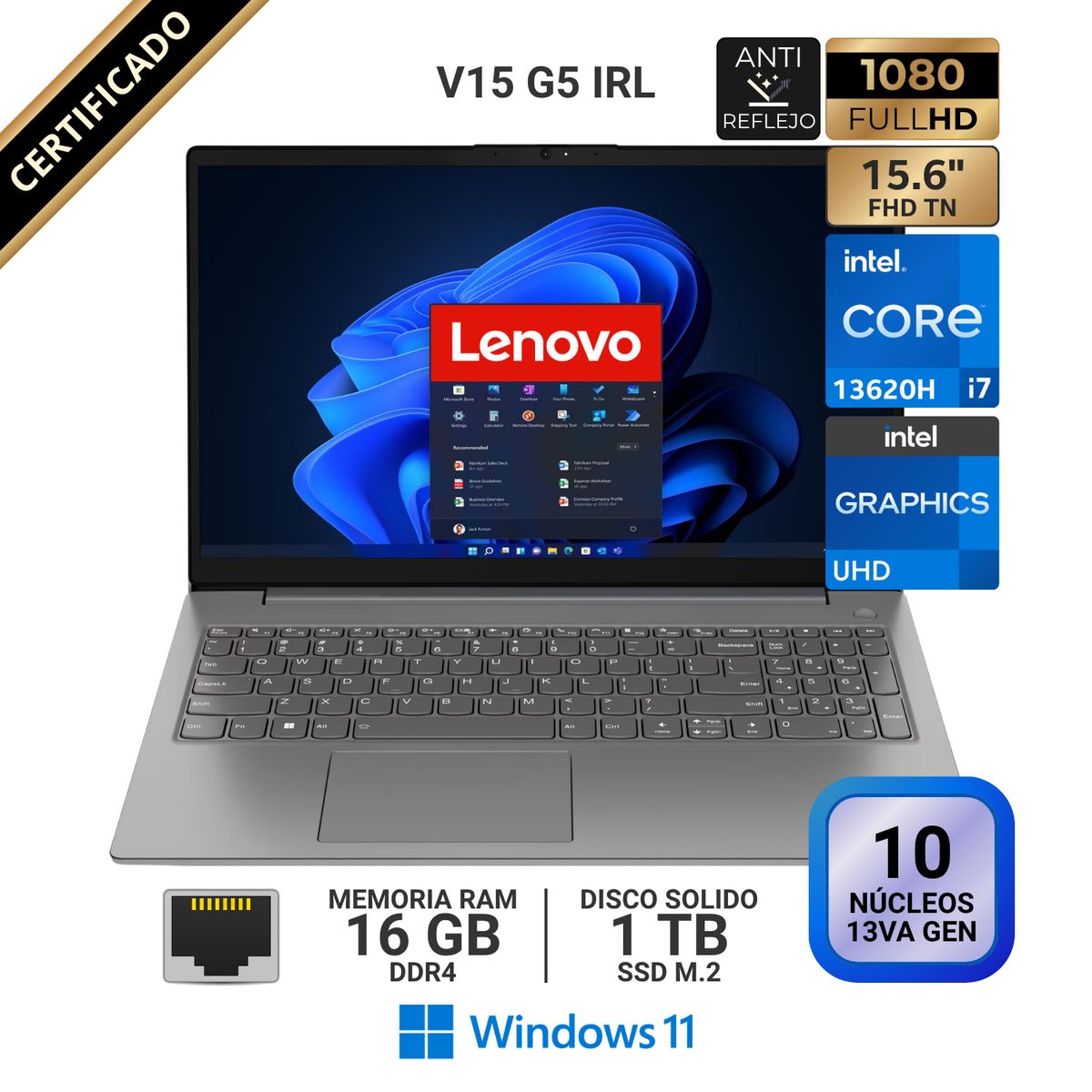 LENOVO - Laptop Lenovo V15 G5 IRL, 15.6" FHD TN, Core i7-13620H 13va GEN, RAM 16GB, SSD 1 TB, Windows 11 Pro