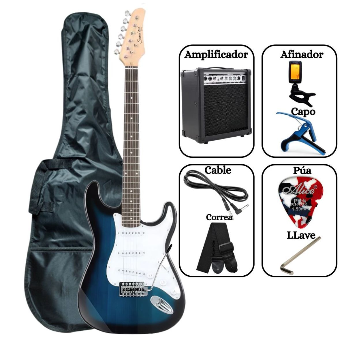 SOUND STAR - PACK Guitarra Eléctrica Azul con Amplificador Funda Afinador Cable y Accesorios