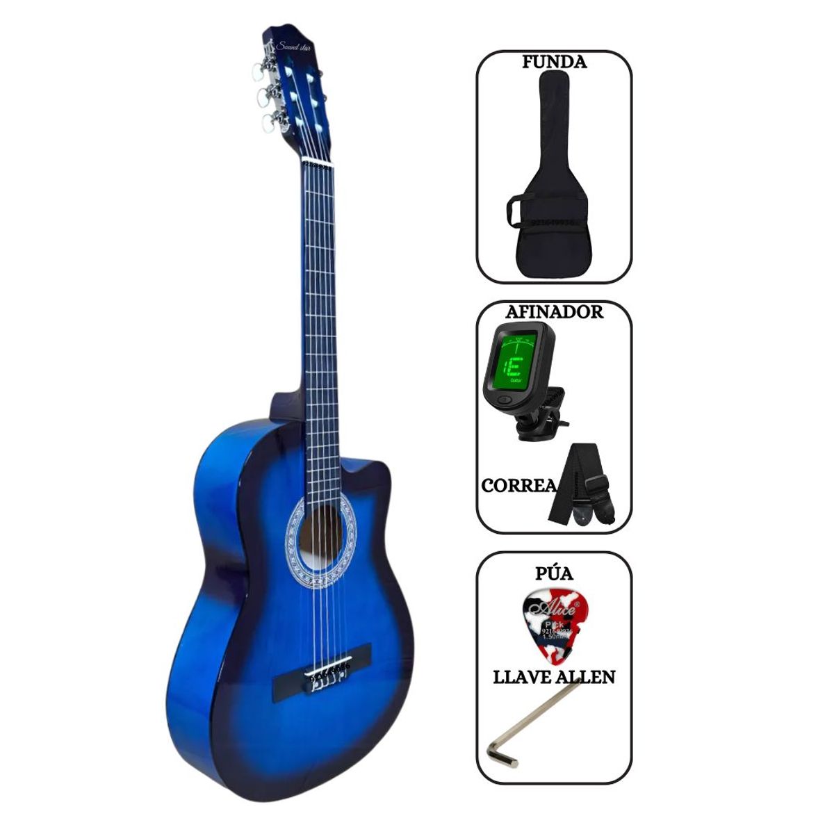 SOUND STAR - Guitarra Acústica Azúl 39″ nylon con funda Afinador Correa pua