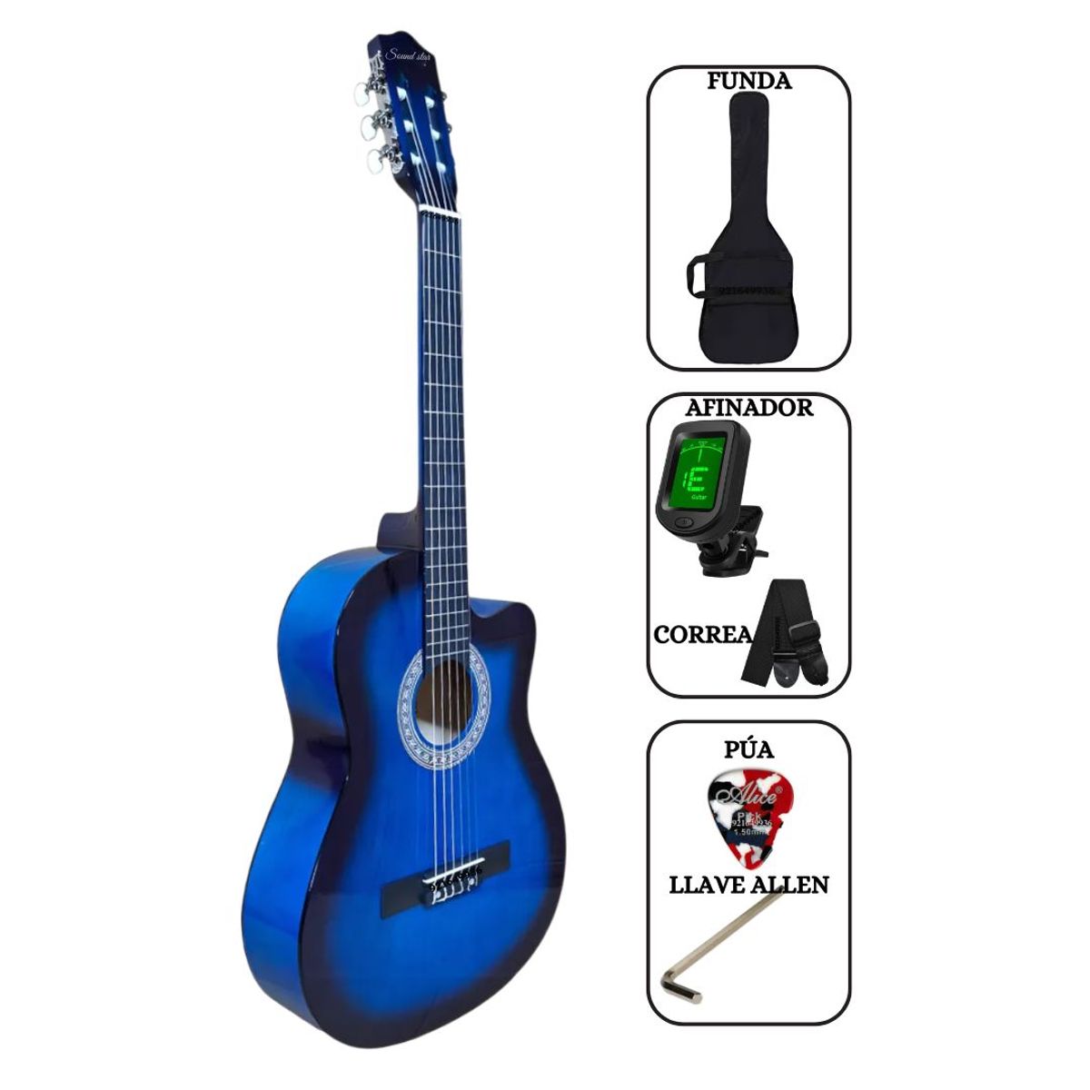 SOUND STAR - Guitarra Acústica Azúl 39″ nylon con funda Afinador Correa pua