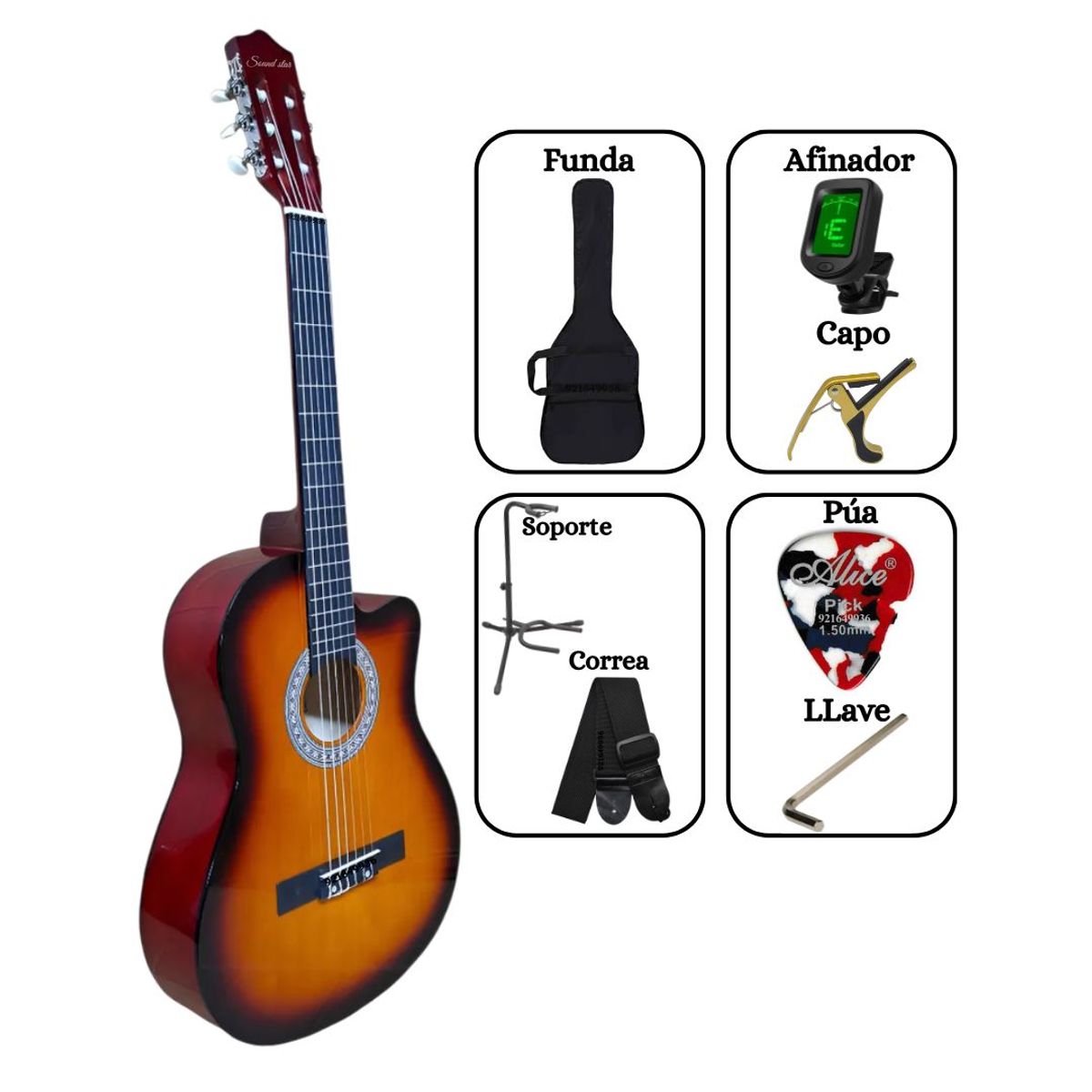 SOUND STAR - Pack Guitarra Acústica SUNBURST 39″ nylon incluido accesorios