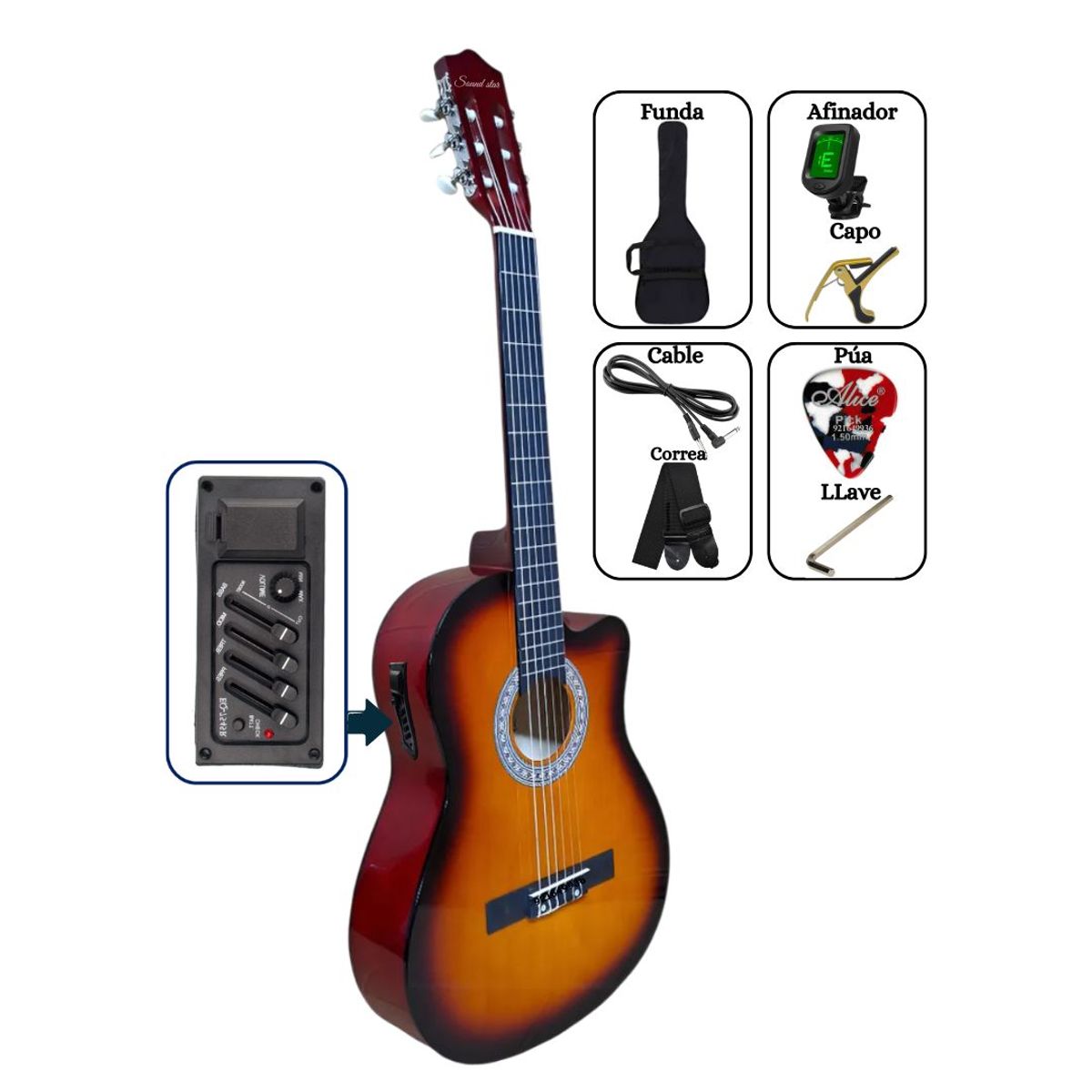 SOUND STAR - Guitarra ELECTROACÚSTICA Sunburst 39″ nylon con accesorios