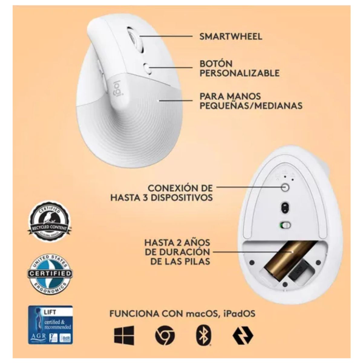 LOGITECH - Kit De Teclado Wave Keys y Mouse Lift Vertical Logitech Bt Blanco