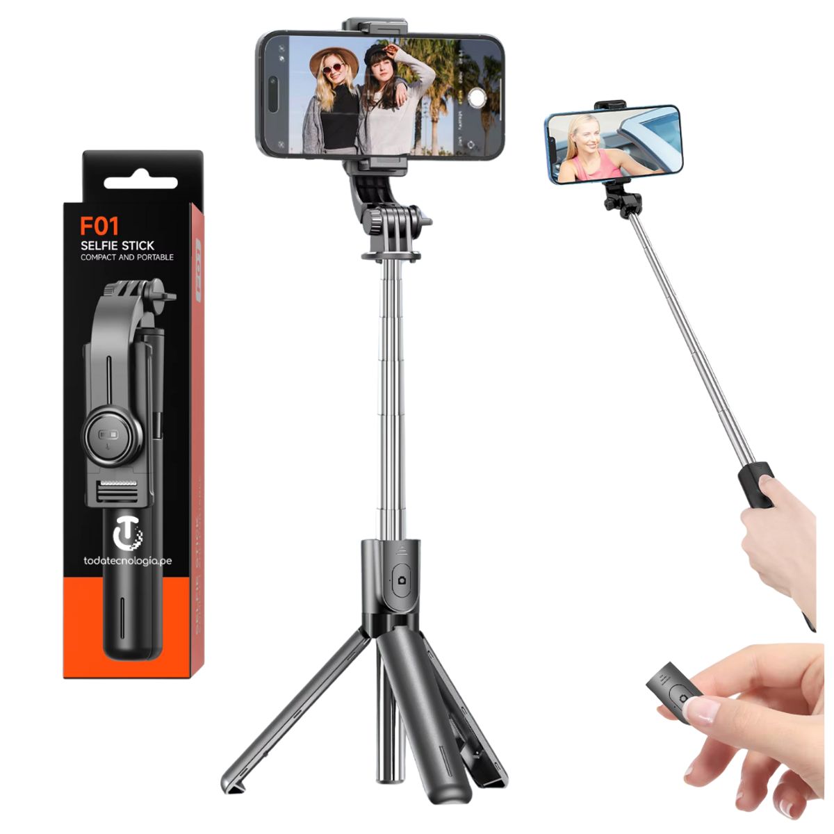 SEISA - Tripode Soporte Base Selfie Stick de 67 cm Control Bluetooth Telefono Celular Portatil Recargable