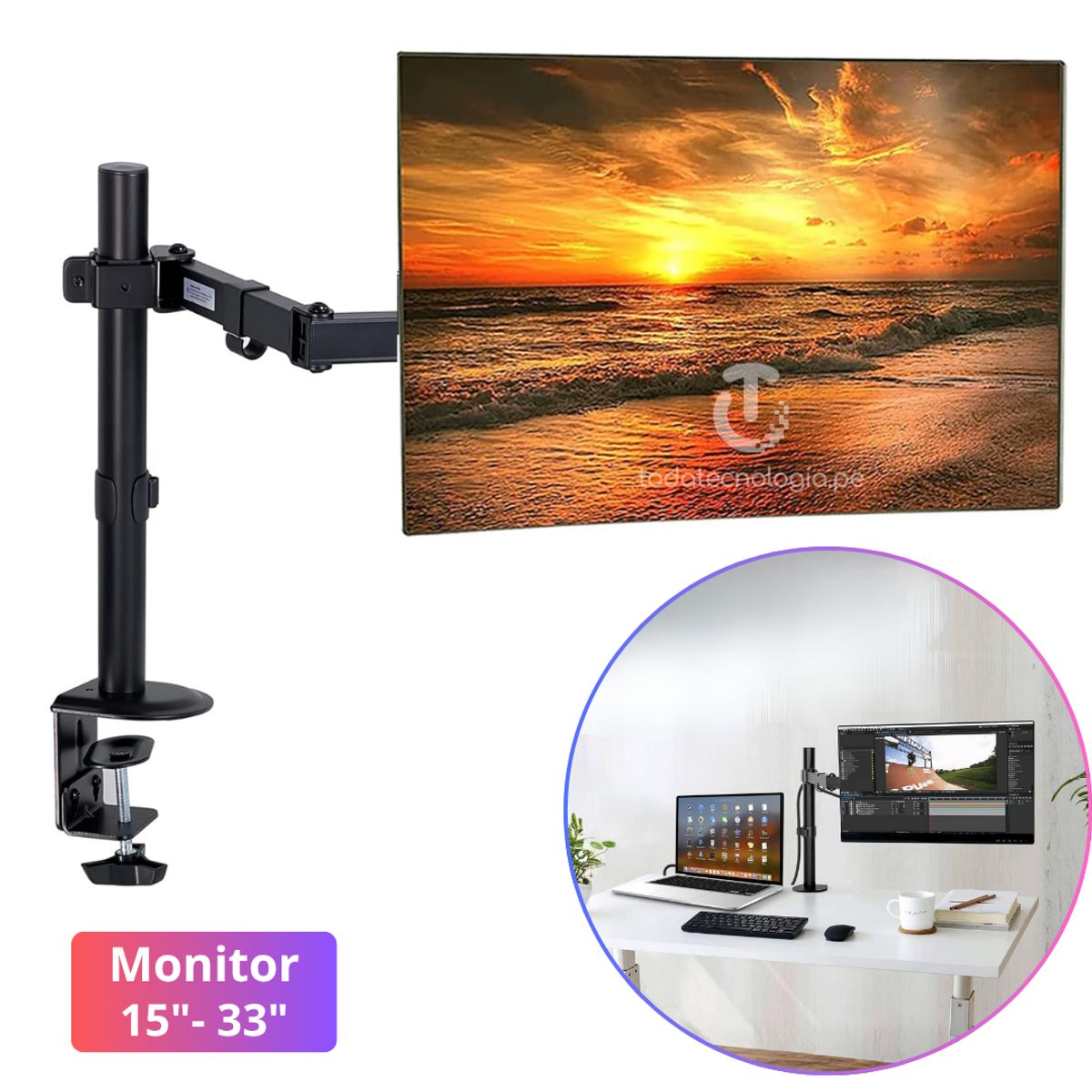 GENERICO - Rack Soporte de Monitor Ergonomico Brazo Articulado de mesa 13 a 33 Pulgadas