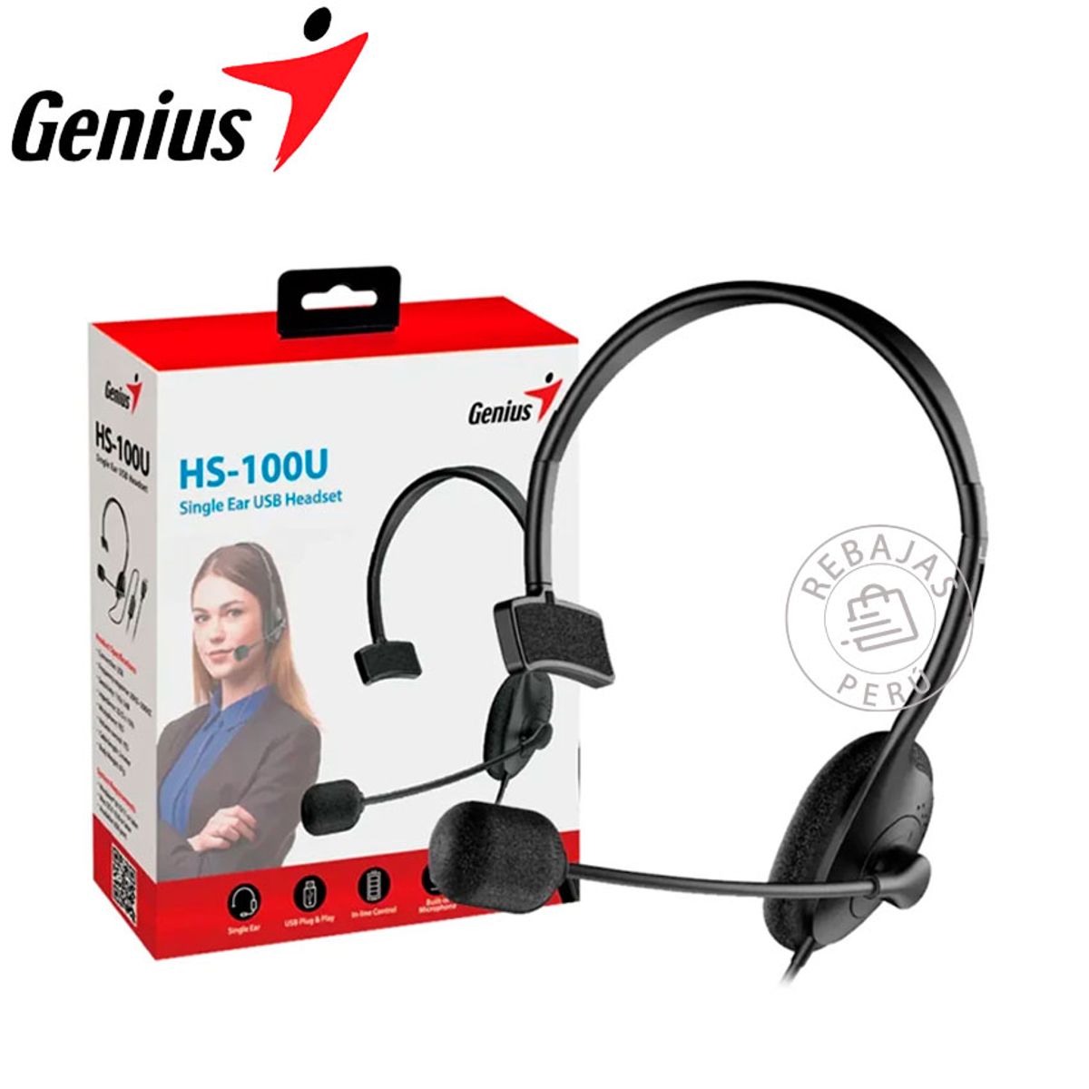 GENIUS - Audífono Mono USB Genius HS-100U con Micrófono Ajustable Negro