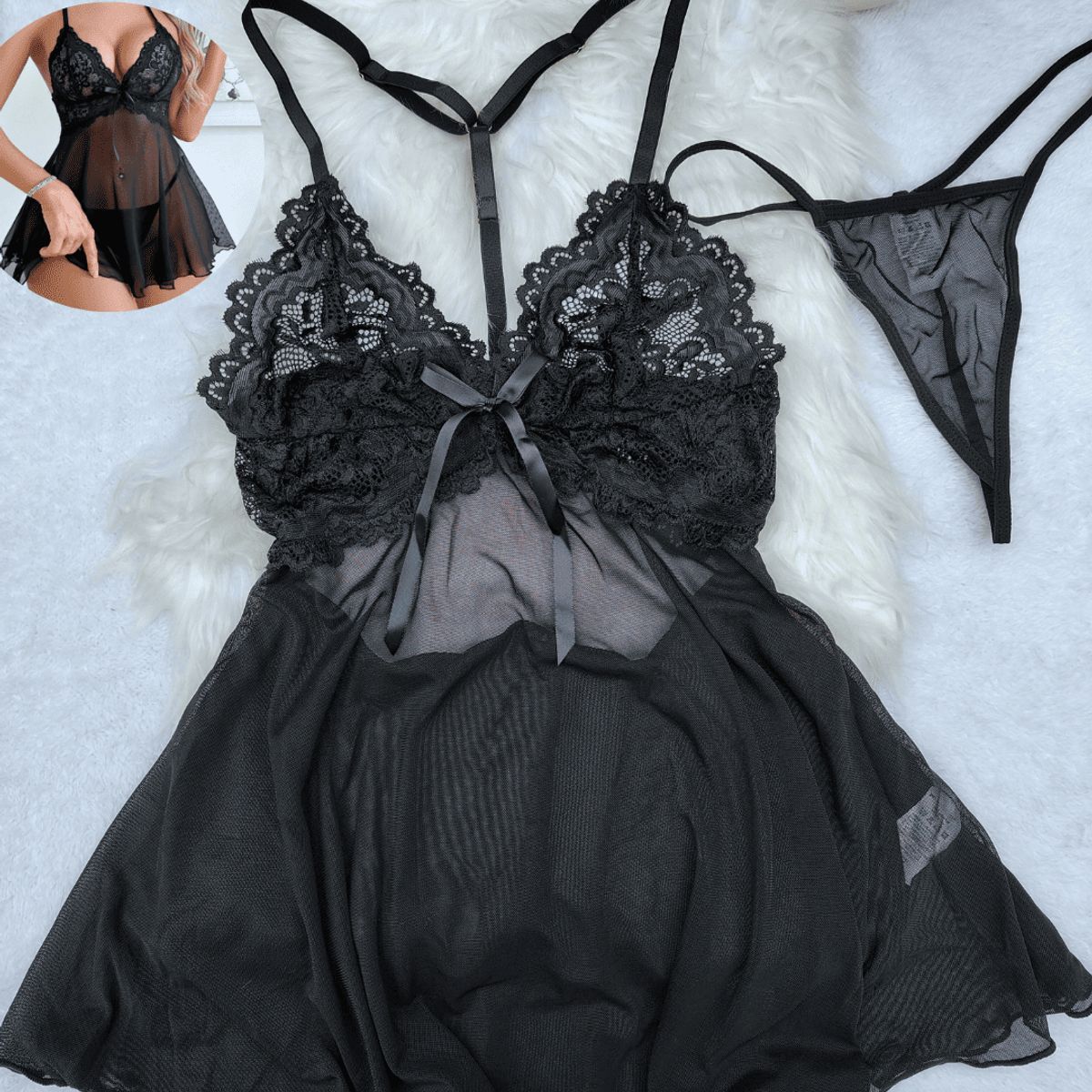 GENERICO - Set de Lencería negro para mujer L - BABYDOLL