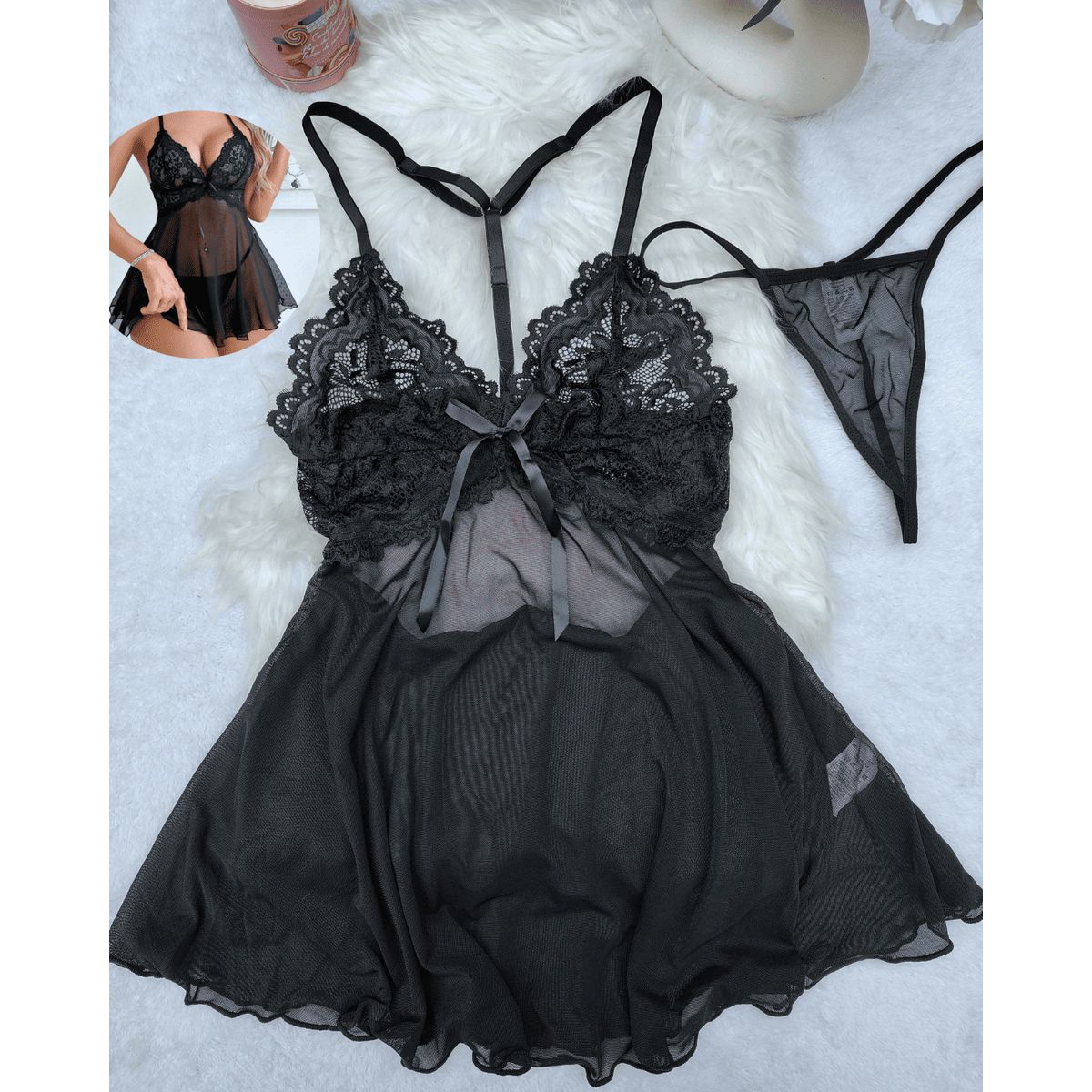 GENERICO - Set de Lencería negro para mujer L - BABYDOLL